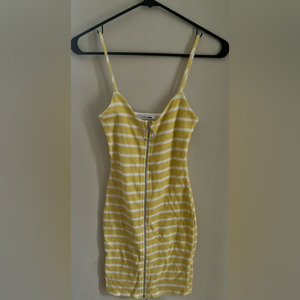 Fashion Nova Yellow and White Striped Midi Dress